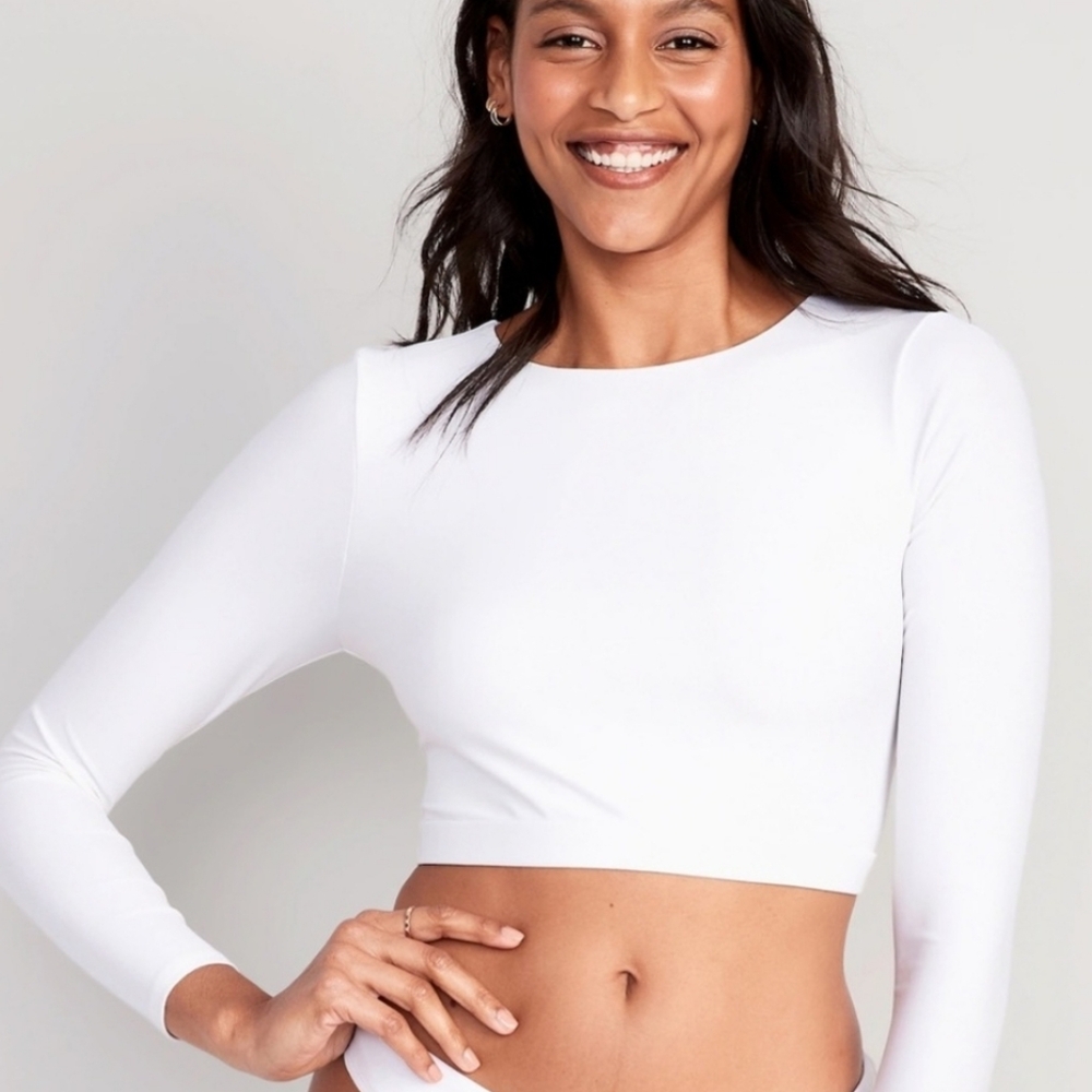 Old Navy Womens Cutout Swim Rashguard Long Sleeve Cropped Calla Lily White XXL